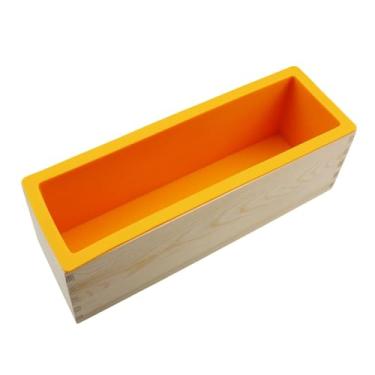 Imagem de Baoblaze Molde de sabonete retangular de silicone flexível, reutilizável, com bandeja de caixa de madeira, ferramenta caseira para fazer bolo de chocolate e, Laranja