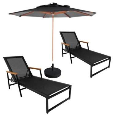 Imagem de Kit 2 Espreguiçadeiras Confortável Reclinável Piscina Jardim + Ombrelo
