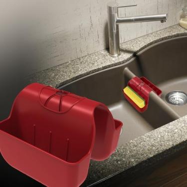 Imagem de OKeanu Suporte de esponja para pia de cozinha, organizador de sela de pia de silicone, suporte de esponjas sobre torneira, organizador de acessórios de cozinha suspenso - vermelho