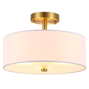 Imagem de Ludil Luminária de teto semi-embutida com 3 luzes, lustre de bateria, luminária de teto de 33 cm, luminária moderna de metal dourado para pendurar iluminação com tecido branco sombra para quarto, cozinha, sala de estar, corredor