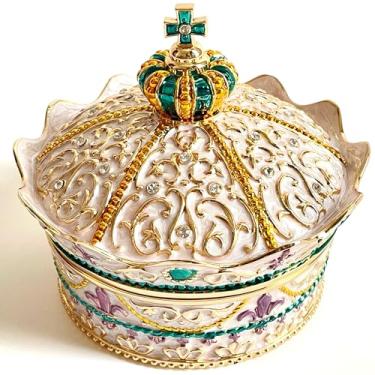 Imagem de SIWOT Baú de joias com design de coroa, caixa de armazenamento redonda de metal vintage criativo, estojo de joias com padrão retrô de liga (branco dourado, extra grande)