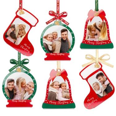 Imagem de UNIQOOO Porta-retrato de acrílico Jingle Bell para exibição de imagem, 6 peças de decoração festiva vermelha e verde, molduras de dupla face para férias, casa, festa, decorações de árvore de Natal