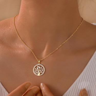 Imagem de Colar feminino banhado a ouro 14K - Colar de zircônia cúbica com pingente de árvore da vida incrustado delicado, hipoalergênico e não mancha, presente de aniversário de Natal personalizado, joia