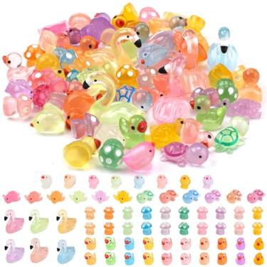 Imagem de 66 peças de resina brilhante luminosa, 6 estilos miniatura pequena resina a granel, flamingo de cogumelo tartaruga-pato, micro acessórios de decoração de paisagem para aquário casa de boneca, jardim