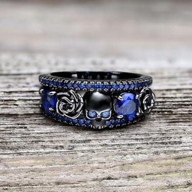 Imagem de Anel de latão de zircão incrustado com crânio de flor preta – Design gótico intrincado com pedras de zircão preto cintilante para homens e mulheres, Zircônia cúbica, Sem pedra preciosa