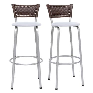 Imagem de Kit 2 Banquetas Alta Junco Argila Estrutura Prata 70cm Para Balcão Ilha Bancada Cozinha Bar Bistrô Americano - Itagold (Assento Branco)