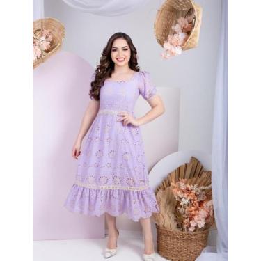 Imagem de Vestido Midi Elegante Social Lese Algodão para Festa Decote Quadrado -