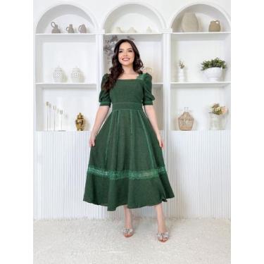 Imagem de Vestido Midi Feminino Social Evangélico Linho Guipir - Fashion, Verde 