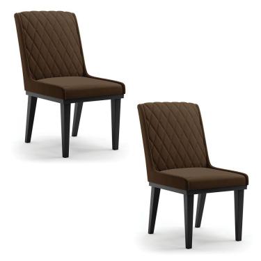 Imagem de Cadeira Sala De Jantar Base Madeira Preto Kit 2 Sofia Suede Marrom D03 - D'rossi