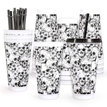 Imagem de Whaline Copo de plástico de caveira de Halloween com tampas canudos preto e branco flor de caveira copos reutilizáveis de 680 g copos de caneca de viagem para café gelado, bebidas, férias, artigos de
