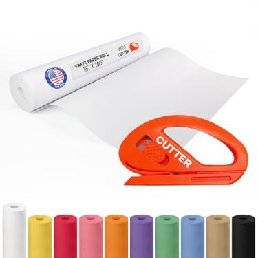 Imagem de Rolo de papel kraft branco 45,7 cm x 5,486 cm (55,9 m) com cortador - Papel de embrulho feito nos EUA para embalagem, mudança, envio e artesanato/artes - Material de artesanato natural 100% reciclável