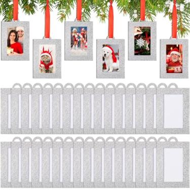 Imagem de Fullhawl 100 porta-retratos para pendurar árvore de Natal pequena, enfeites de 5 x 7 cm, moldura de papel com glitter, com fita, para decoração de mesa de parede de família, prata