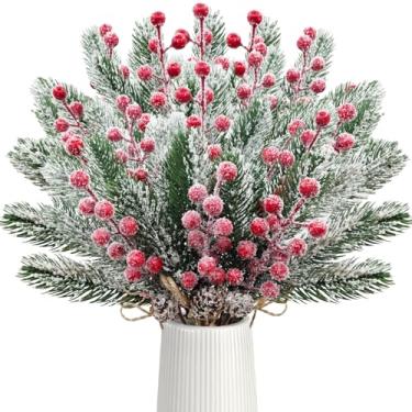 Imagem de FOUSUKA Pacote com 6 palhetas artificiais de Natal com galhos perenes para decoração de árvore de Natal, faça você mesmo, guirlanda de Natal, artesanato, embrulho de presente (vermelho)