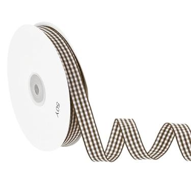 Imagem de PATIKIL Fita guingão de 1,5 m x 1,5 cm, fita xadrez de nylon quadriculada para presente para dia de Ação de Graças, grinalda, artesanato, aniversário, casamento, marrom