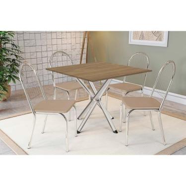 Imagem de Conjunto: Mesa Sala Jantar Volga C- Tampo De Madeira 90cm E 4 Cadeiras Noruega Cromado-nogueira - Bege - Kappesberg