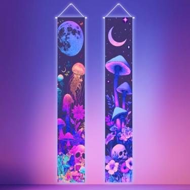 Imagem de HOMETITUTE 2 peças tapeçaria de luz negra medusa lua e crânio de cogumelo banner vertical com design de floresta cósmica neon reativo UV 30,5 x 180 cm para decoração de festa de parede que brilha no