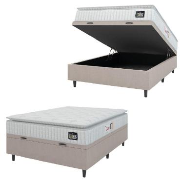 Imagem de Cama Box Baú Casal Colchão Espuma D45 Lazio Pillow Top 138x188x65cm Suede Branco Bege Hellen