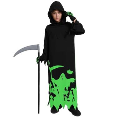 Imagem de Brilha no escuro roupas de Halloween fantasma assustador conjunto cosplay com luvas foice para crianças (estilo C, 12-14 anos)