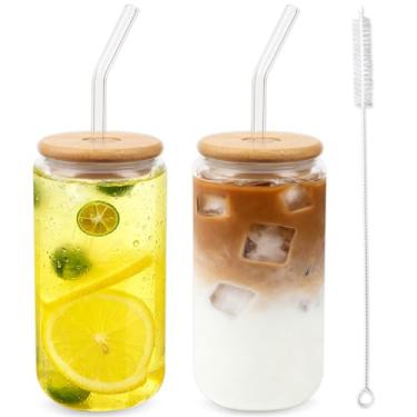 Imagem de Alotpower Copos de vidro com tampas e canudos de 473 ml, pacote com 2 copos de vidro com tampas de bambu e canudos de vidro, para café gelado, chá de bolhas, cerveja, conjunto de copos reutilizáveis