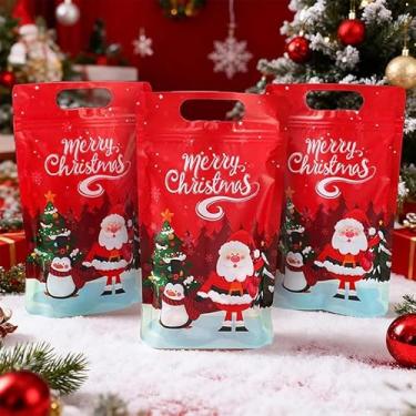 Imagem de 10 unidades de sacos com fecho de correr de Natal resseláveis, Feliz Natal, Papai Noel, boneco de neve, biscoitos, sacos de plástico com alças para festa de Natal, Natal, doces, pequenos artigos de