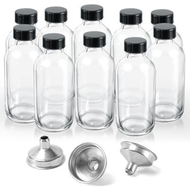 Imagem de Bgtecho Pacote com 10 garrafas de vidro transparente, garrafa pequena de 118 ml com tampas e funis, mini garrafa de viagem à prova de vazamento, garrafas redondas de amostra para suco, dose de
