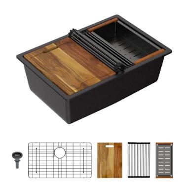 Imagem de Lordear Lavatório de cozinha composto de granito preto de 71 cm x 48 cm, pias de quartzo preto fosco embaixo do balcão, pia de tigela única com acessórios pretos