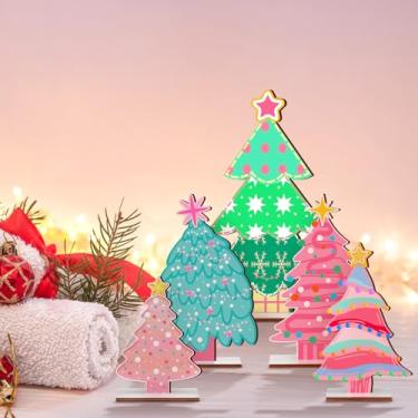 Imagem de Amyhill 5 peças de árvores de Natal de madeira rosa, decoração de mesa de madeira rústica, decoração de árvores de Natal, mesas centrais de Natal, placas de madeira com base, decoração de mesa de