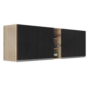 Imagem de Armário De Cozinha Aéreo Califórnia Kit 2 E Nicho Adega Riad 180cm Castanho-preto - Lumil