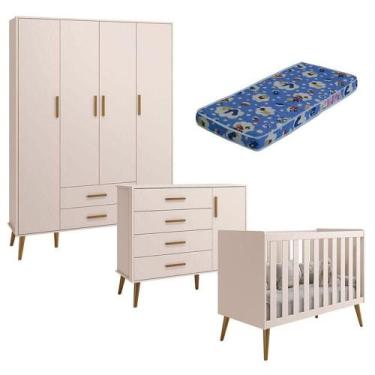 Imagem de Quarto De Bebê Isis 4 Portas Rosa Acetinado Com Colchão Ortobom - Rell