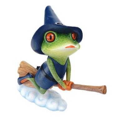 Imagem de Escultura: figura de sapo de bruxa voadora, resina de 21 cm com vassou