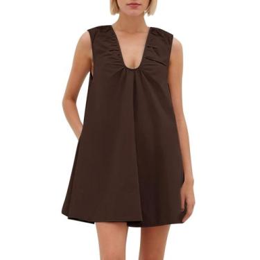 Imagem de Vestido MISSACTIVER sem mangas Babydoll com gola redonda, marrom e alg