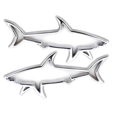 Imagem de Emblema de tubarão de peixe oco de 2 peças adesivo de metal premium para para-lama para porta-malas para VW Camaro Corvette (prata)