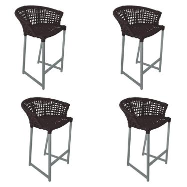 Imagem de Kit 4 Banquetas Reis Em Corda Náutica E Base Em Alumínio Cinza Para área Gourmet Externa Marrom