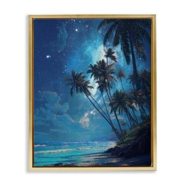 Imagem de Stupell Industries Arte de parede em tela flutuante emoldurada de palmeiras de praia iluminadas pela lua, design de Ziwei Li, 78 x 63 cm