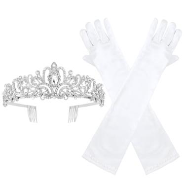 Imagem de Brimekichio Tiara e luvas para meninas, crianças, coroa de princesa e luvas longas de cetim para meninas, acessórios de princesa de Halloween para crianças, branco