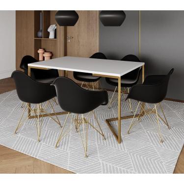 Imagem de Mesa Jantar Industrial Branca 137X90Cm Base V Com 6 Poltronas Daw Pretas Base Dourada Cor: Branco