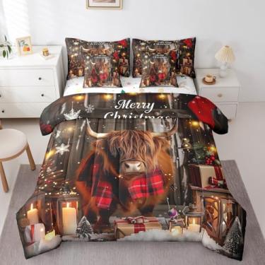 Imagem de Erosebridal Conjunto de edredom de vaca Highland de Natal, Feliz Natal, floco de neve, inverno, férias, tamanho king, para crianças, meninos e meninas, cama rústica de animais de fazenda em uma bolsa