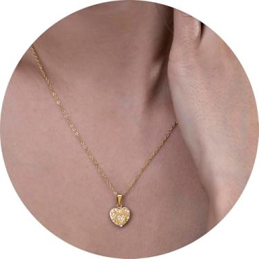 Imagem de Colar com pingente de coração para mulheres, corrente de aço inoxidável banhado a ouro 18K com zircônia cúbica, joia de coração elegante presente, 16+2in, Aço inoxidável, Sem Pedra Preciosa