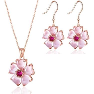 Imagem de VONSSY Elegante colar de flor de cerejeira brincos rosa olho de gato flor flora Sakura pingente de cristal de pedra preciosa banhado a ouro 18k conjunto de joias presente para mulher esposa namorada