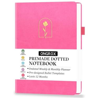 Imagem de Caderno estilo Bullet pré-fabricado com agenda semanal e mensal sem data, diário pontilhado com estênceis de planejador de bala pré-fabricados, diário de grade de pontos com rastreador de hábitos e