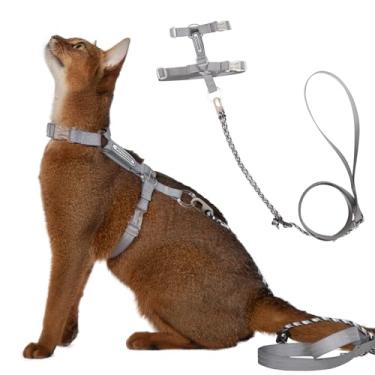 Imagem de Sovarin Conjunto de coleira e coleira para gatos – Arnês cinza leve e macio à prova de fuga, peitoral ajustável para viagem para animais de estimação para caminhar, fácil de controlar, confortável ao