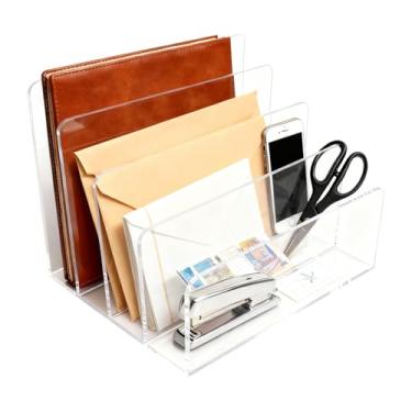 Imagem de Suporte de correio de acrílico, organizador de arquivos transparente, organizador de mesa, mesa limpa, vertical, classificador de cartas com 5 compartimentos para escritório, casa, envelopes, contas