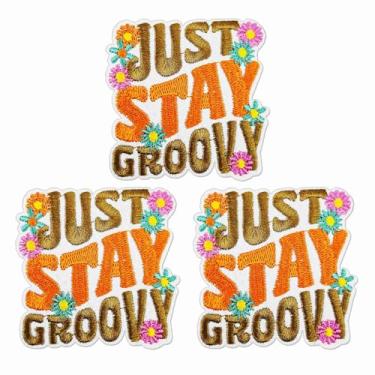 Imagem de Patch Flower Stay Groovy, 3 peças Daisy Just Stay Groovy Iron On Sew on Bordado Emblema para Roupas Jaqueta Jeans Mochilas (Laranja)