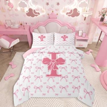 Imagem de Feelyou Conjunto de edredom com laço rosa, solteiro, letra I, para crianças, meninos, meninas, edredom com laço coquete, monograma, decoração de quarto de microfibra, 2 peças com 1 fronha