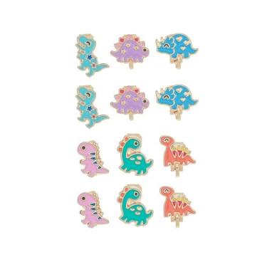 Imagem de Conjunto de 6 pares de brincos fofos de dinossauro com clipe de gato para mulheres, engraçados, animais esmaltados, Harajuku, não perfurantes, conjunto de brincos falsos, Zinco, Sem pedra preciosa