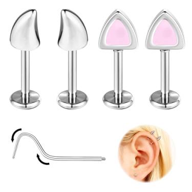 Imagem de ZS Brincos de hélice de demônio e gato - 16G 6 mm/8 mm brinco de cartilagem de aço inoxidável - 2 pares de orelha, tragus, hélice, concha, joias de piercing industrial com discos de silicone, Aço