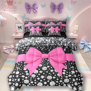 Imagem de Jogo de cama queen com laço rosa choque em uma bolsa, conjunto de cama queen com nó de laço fofo, conjunto de cama kawaii, estampa de lantejoulas com glitter, estilo princesa sonhadora, rosa choque,