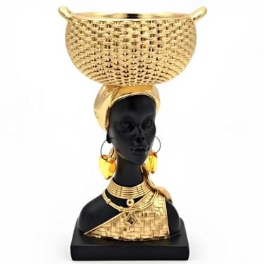 Imagem de Estátuas africanas para decoração de casa - decorações de esculturas para sala de estar, estatuetas de busto de senhora africana de 23 cm com bandeja de armazenamento, ornamento estético para