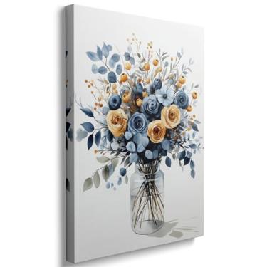 Imagem de Arte de parede em tela floral azul marinho para banheiro rosas azuis e amarelas em vaso de vidro imagens aquarela arte para sala de estar quarto impressões em tela botânica moderna (40,6 cm x 61 cm)