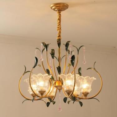 Imagem de Lustre Pastoral Francês com Flores Americanas - Luminária Pendente Decorativa LED para Sala de Estar, Restaurante, Quarto, Villa, Café, Loja de Roupas e Casa (G 6 Lâmpadas)